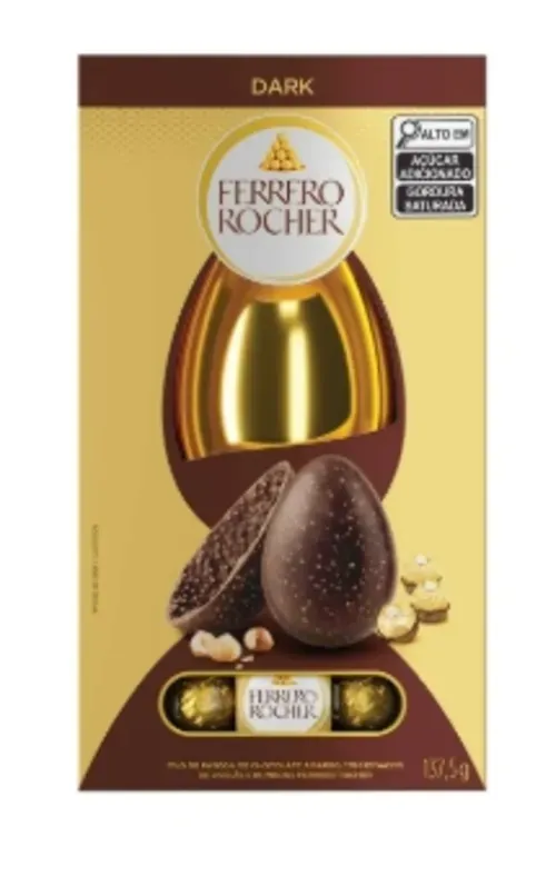 Ovo De Páscoa De Chocolate Dark Amargo Com Pedaços De Avelãs Com 3 Bombons Ferrero Rocher Caixa 137,5g