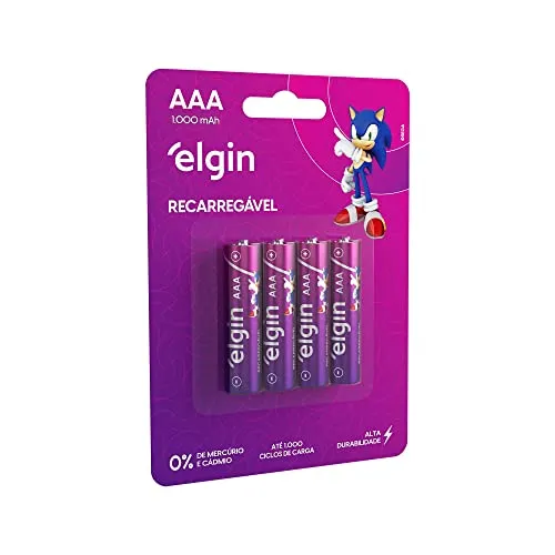 [+por- R$ 23,40] Pilha recarregável AAA 1000mAh Elgin com 4 unidades Palito