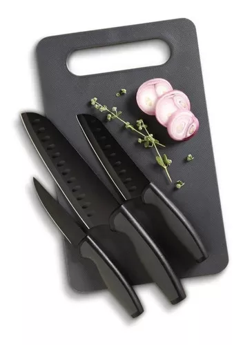 Jogo 3 Facas Cozinha C/ Tábua Slice Craft 4 Pçs Preto Oster Cor Cinza