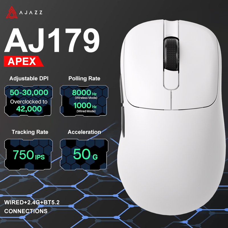 [93 moedas] Mouse Gamer Sem Fio Ajazz AJ179 Apex – Sensor PAW3950, Base de Carregamento RGB, Macro Programável