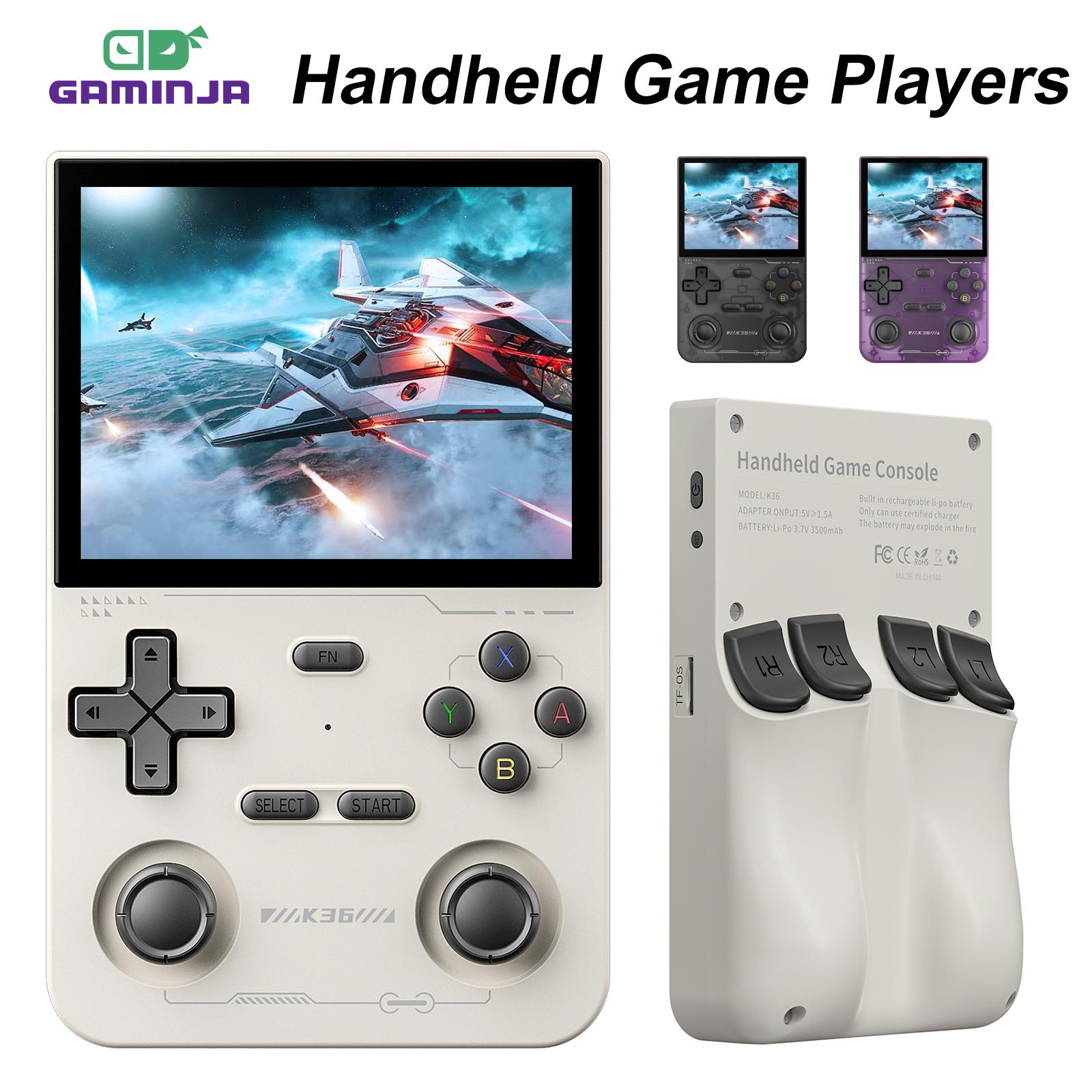 [R$132 Moedas/C. Visa] Console Portátil Retrô GAMINJA K36 – Tela IPS 3,5", 500 nits, 40+ Emuladores, 16.000 Jogos, Sticks com Hall Effect