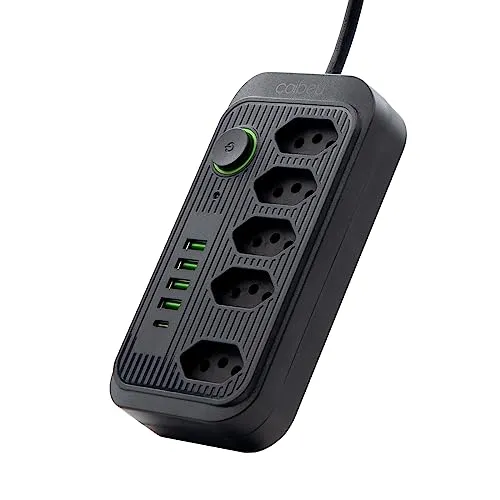Extensão Tomada, Régua Tomada, Régua de Energia, 5 Tomadas, 4 Interfaces USB, 1 Porta USB Tipo-C, Cabo de Alimentação de 1,9 metros