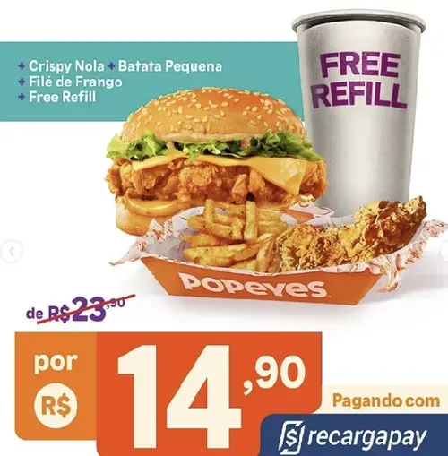 Combo 4 em 1 Popeyes por R$ 14,90 pagando com Recarga Pay
