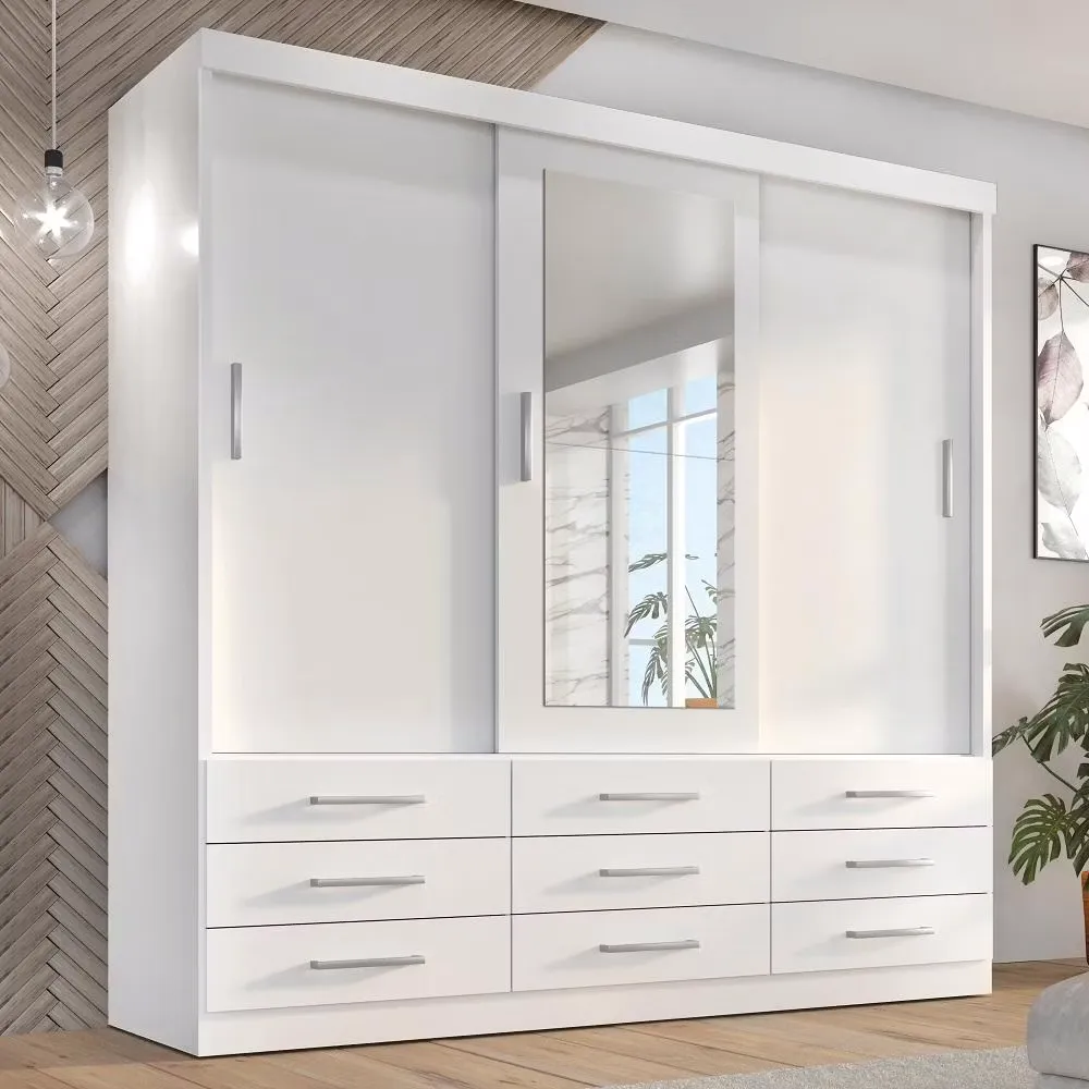 Guarda Roupa Casal 3 Portas de Correr com Espelho e 9 Gavetas