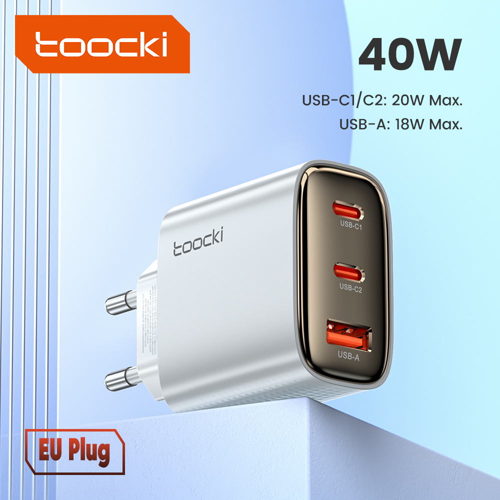 [Moedas - Lv3 por R$17,21 un] Carregador Toocki 40w Gan USB, Carga Rápida QC 4.0 Usb C