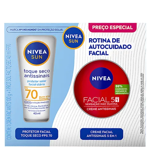 Kit Nivea Protetor Solar Facial FPS 70 Toque Seco Antissinais 40ml + Creme Facial Antissinais 100ml
