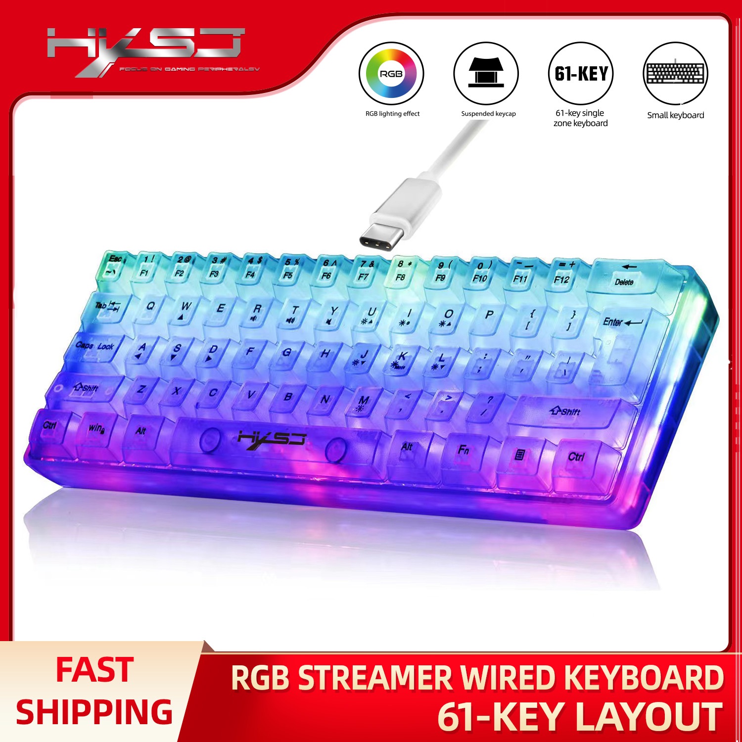 [Taxa inclusa] HXSJ 60% Teclado para jogos transparente com fio, teclado RGB retroiluminado ultracompacto à prova d'água, 61 teclas para PC/Mac