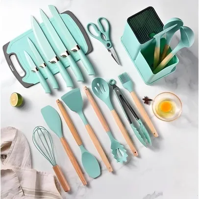 Conjunto 19 Pçs De Utensílios Facas Silicone e Plástico Cozinha Jogo Completo Batedeira Colher Pegador