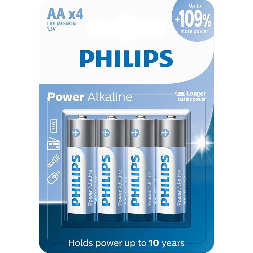 Pilha Philips Alcalina AA 1.5V LR6P4B/59 com 4 Unidades
