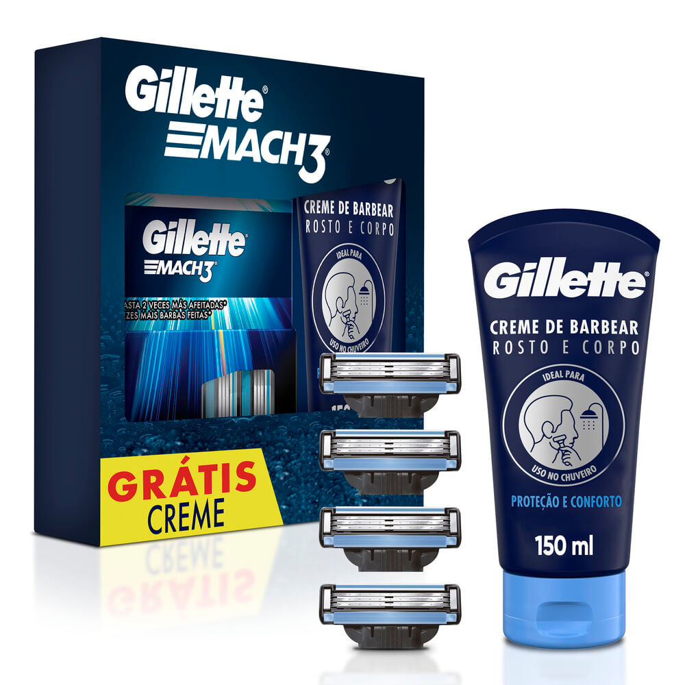Kit Gillette 4 Cargas De Aparelho Para Barbear Gillette Mach3 Grátis Creme De Barbear Rosto E Corpo 150ml
