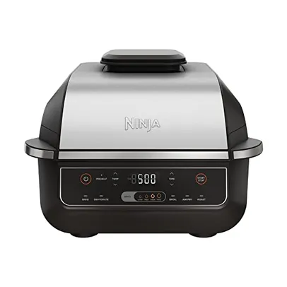 Ninja EG201 Foodi Churrasqueira interna 6 em 1 com fritura ao ar, assar, grelhar e desidratar, 2ª geração, lavável na lava-louças, preto/prata