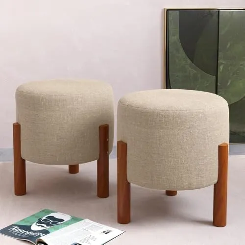 [FG BR] Kit 2 Puff Banquinho Redondo Decorativo Thor em Linho Pés Madeira Maciça Cor Bege