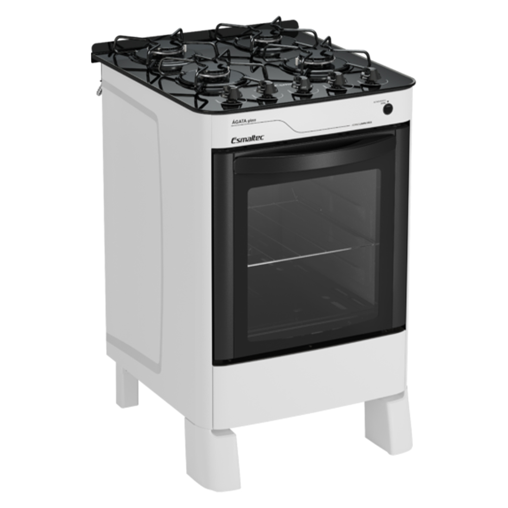 Fogão Esmaltec 4 Bocas Ágata Glass Automático Mesa De Vidro Forno 56L - Branco