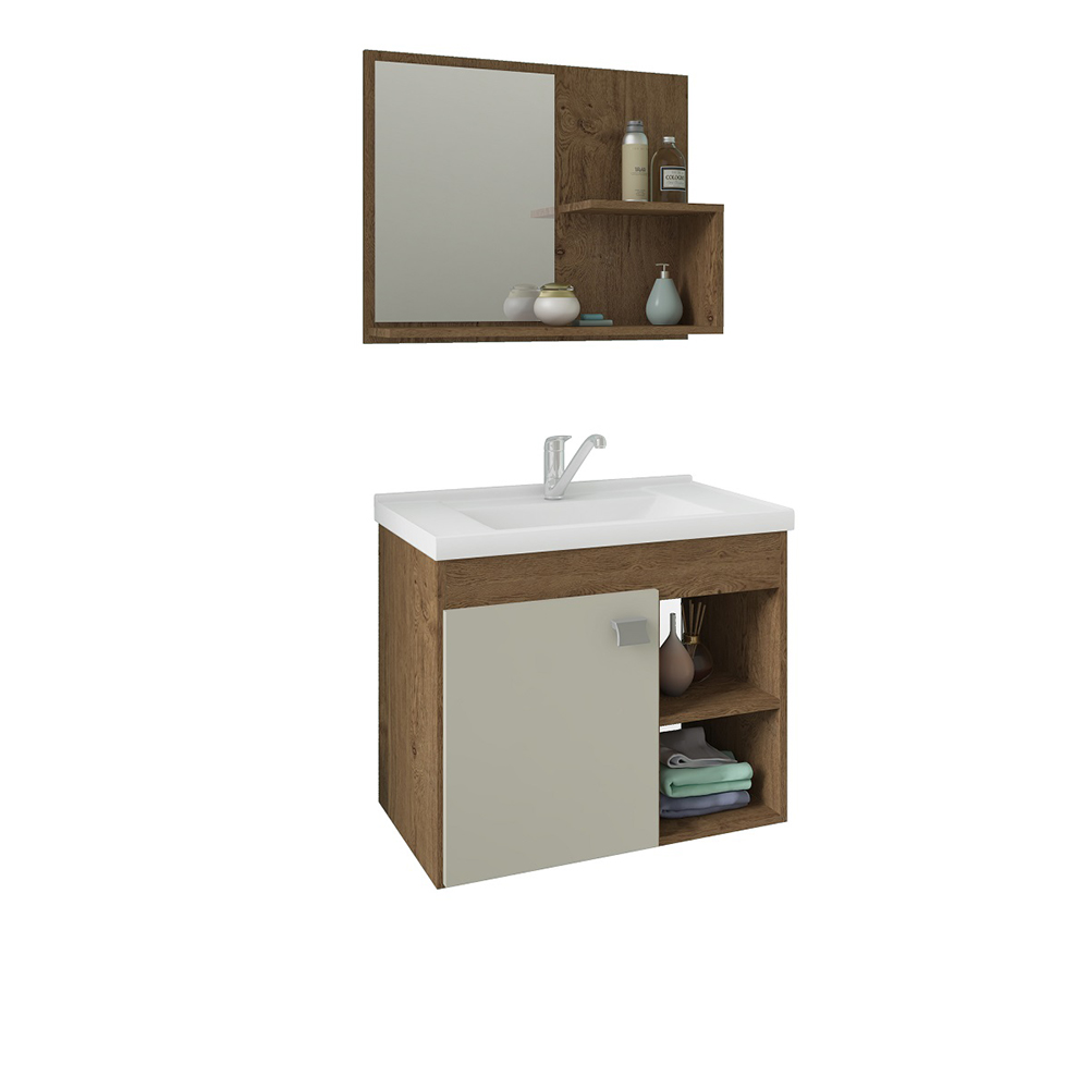 Gabinete Para Banheiro 1 Porta Com Espelheira Mdf Bia Mgm - Off White/Amendoa