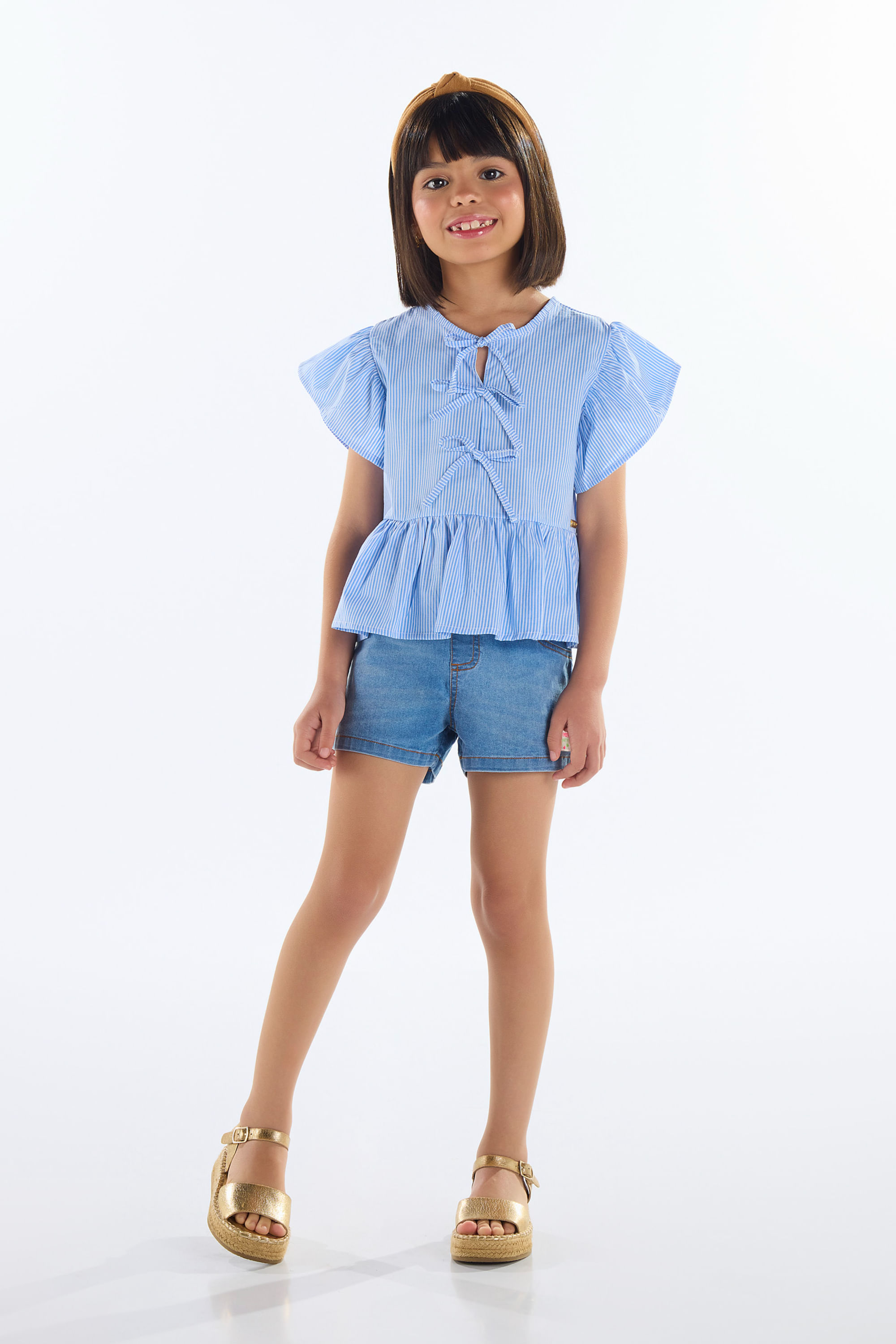 Bata Infantil Feminina em Algodão Listrado (Azul) Quimby