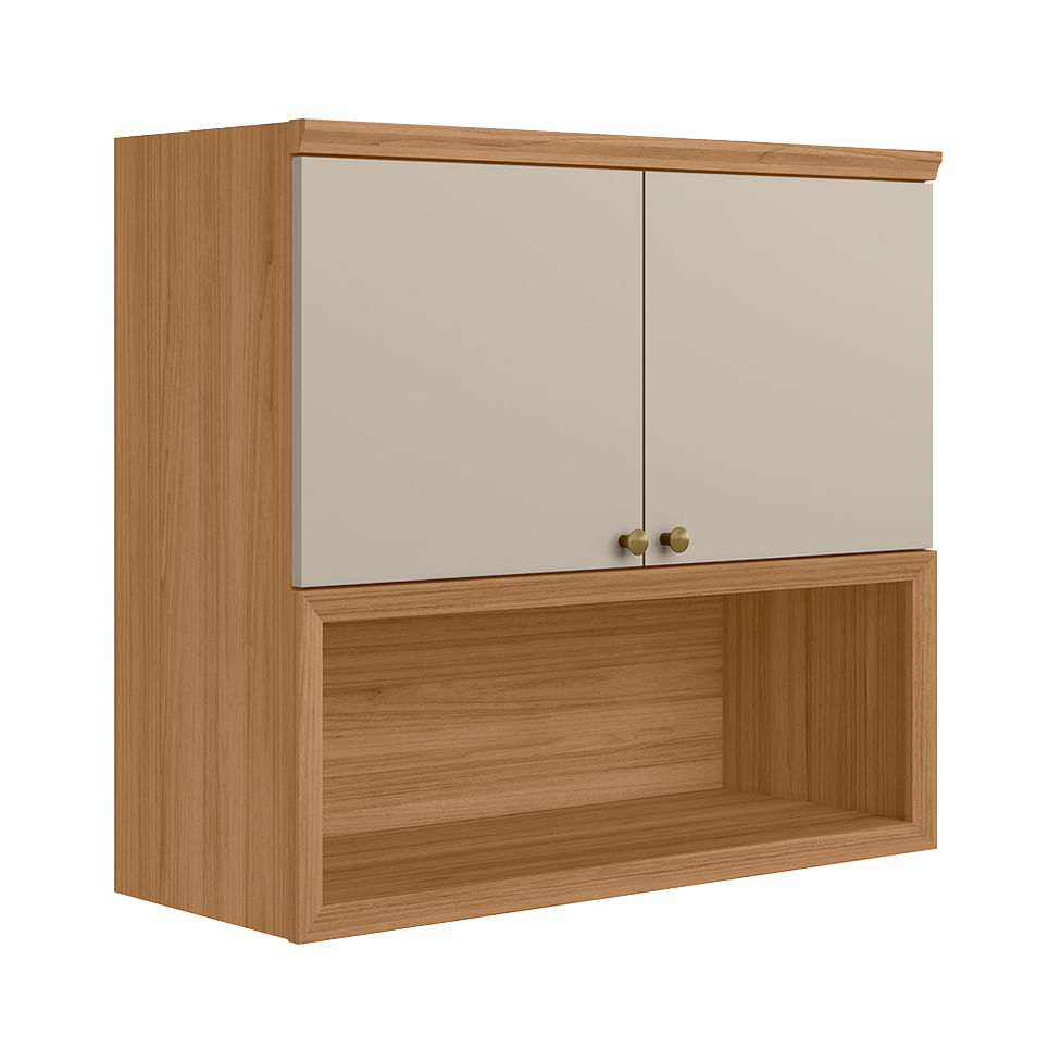 Armário Aéreo Selene para Cozinha 2 Portas 1 Nicho Decorativo Natural e Off White 80cm
