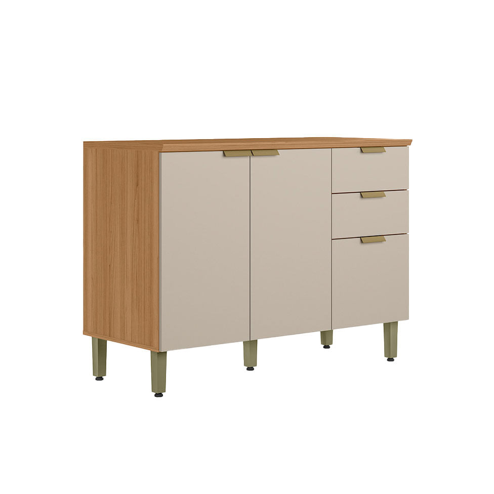 Balcão Selene para Cozinha 2 Portas 3 Gavetas Natural e Off White 1,20m
