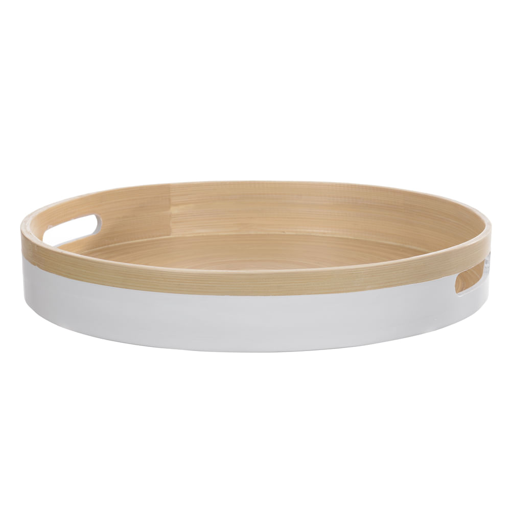 Bandeja de Bambu Redonda Branco 40cm Flor Arte