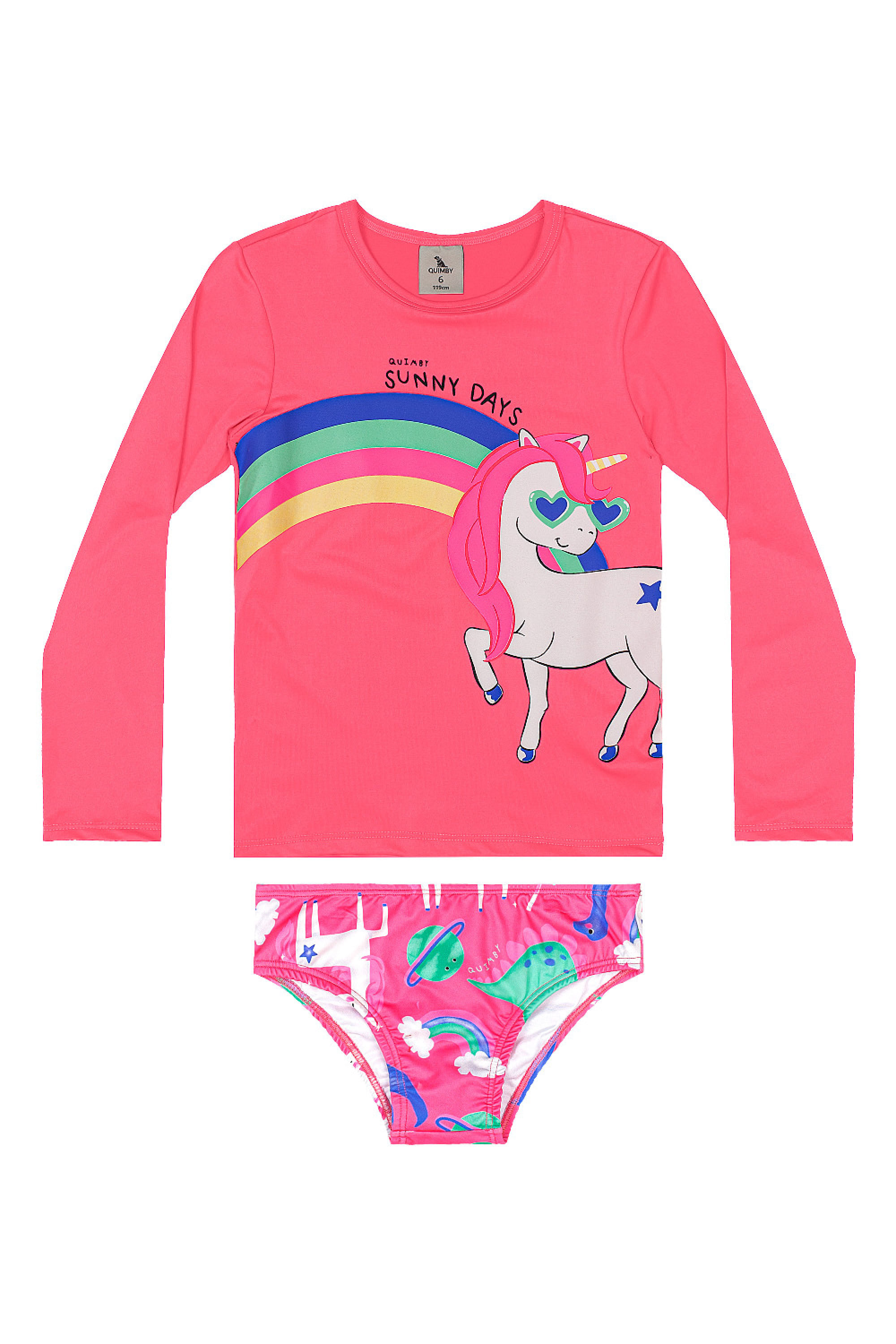 Biquíni Infantil com Blusa e Calcinha de Unicórnio (Rosa Pink Neon) Quimby