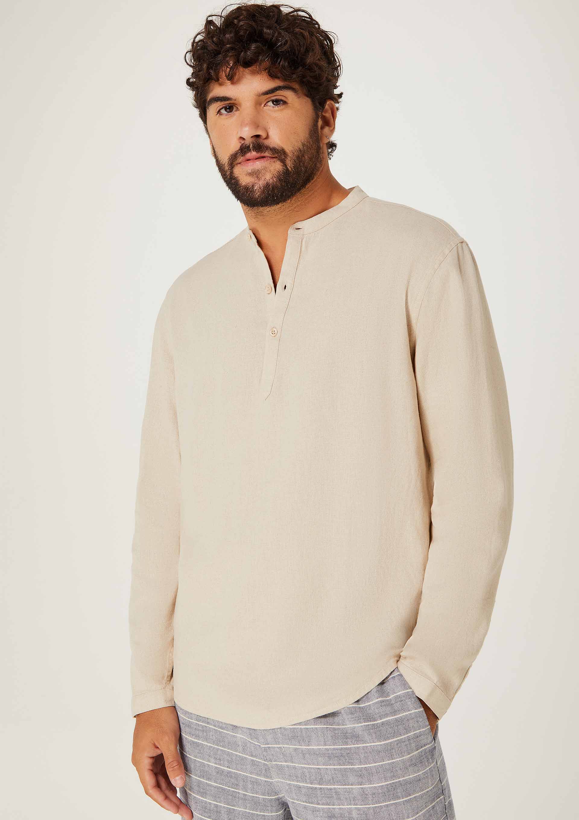 Camisa Bata Masculina Manga Longa Em Linho - Bege Hering