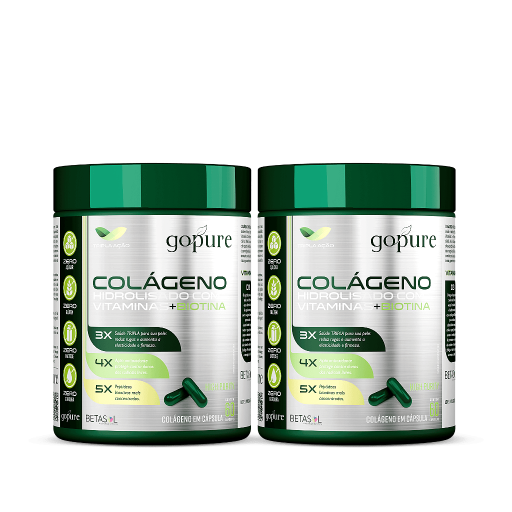 2 Colageno 60 Capsulas - 100% Hidrolisado + Biotina com Vitamina C Coenzima Q10 + Biotina
