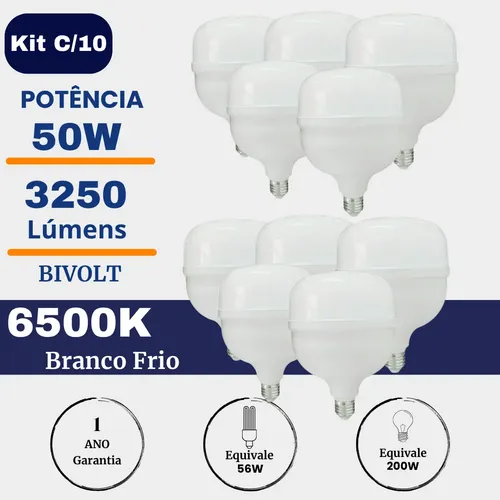Kit 10 Lâmpadas LED 50W Branco Frio 6500K