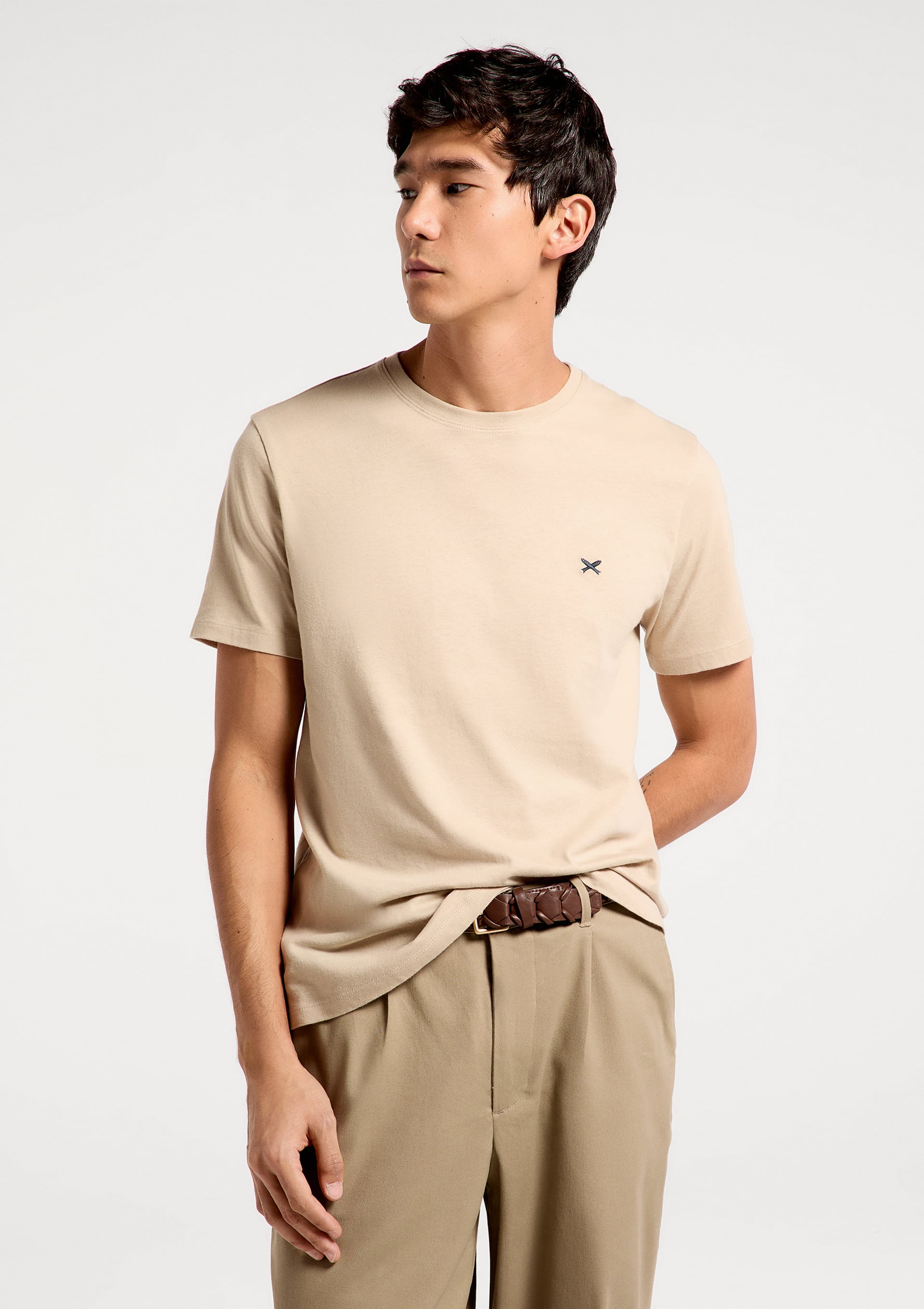 Camiseta Básica Masculina World Com Bordado - Bege