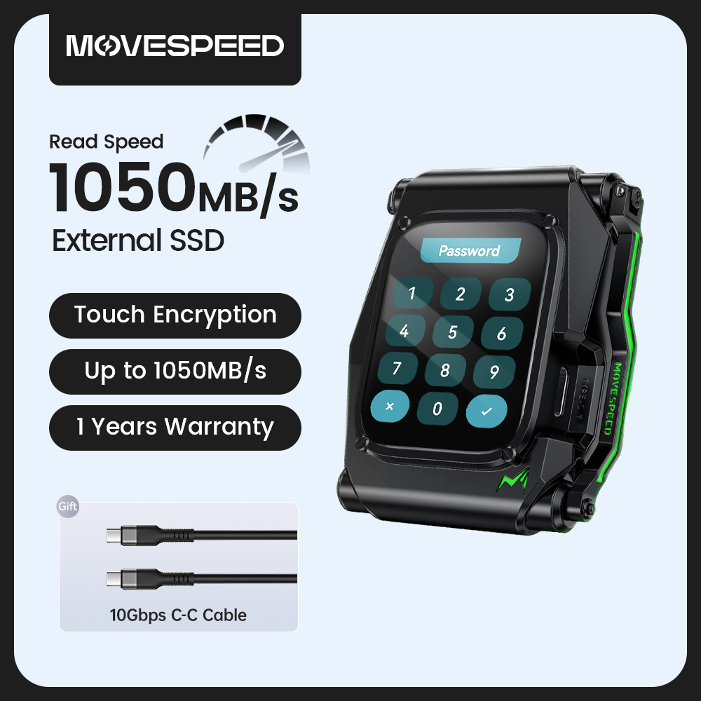 SSD Portátil 1TB 1050 MB/s biometria USB 3.2 Gen2 Tipo C Movespeed ST10  + Cabo 10 Gbps