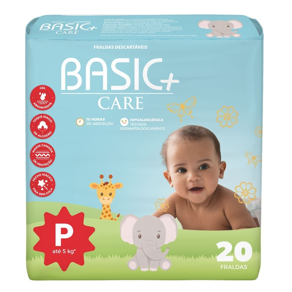 Fralda Descartável 20 Unidades P Basic+ Care 10h de Proteção