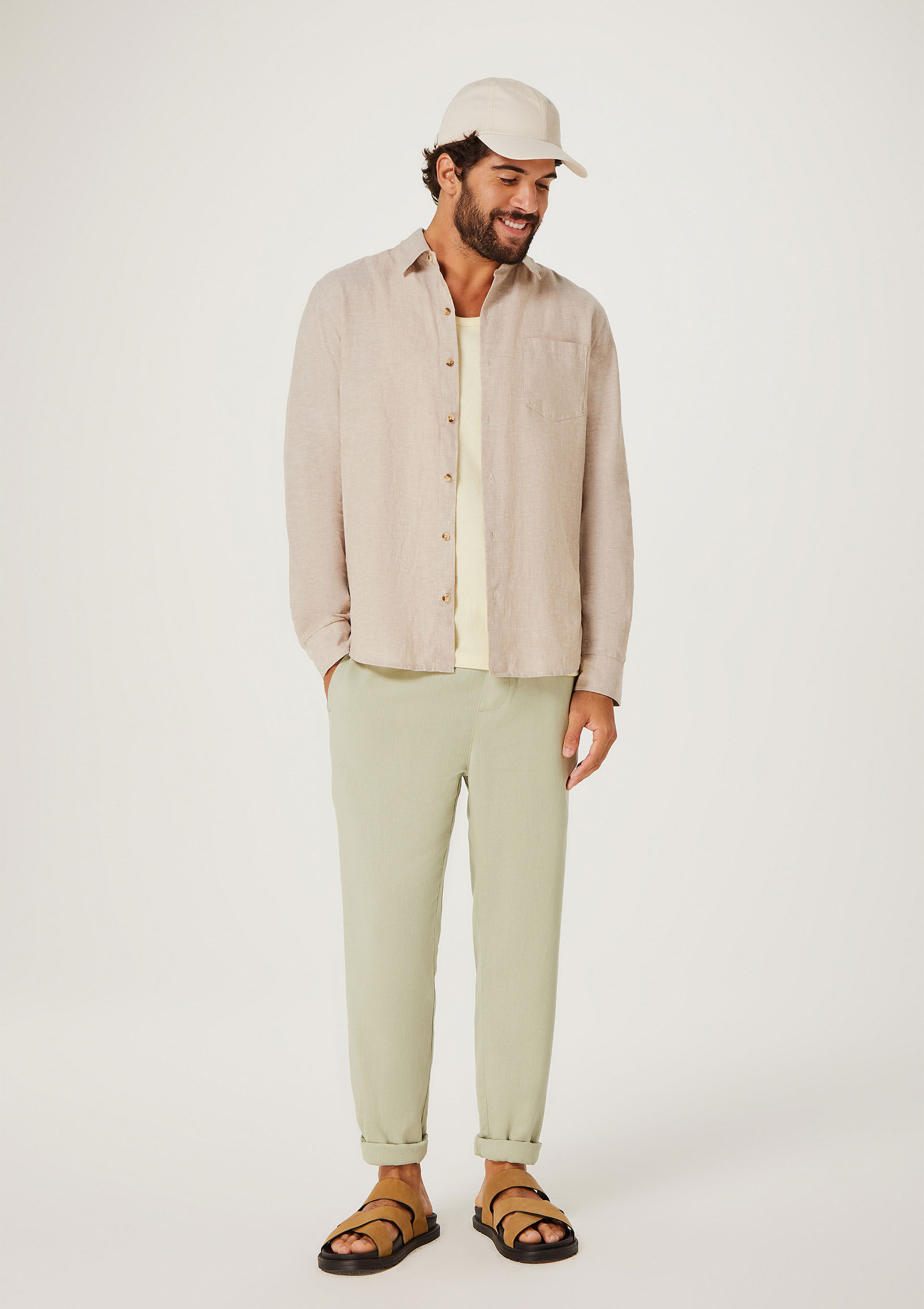 Calça Básica Masculina Taper Em Linho - Verde