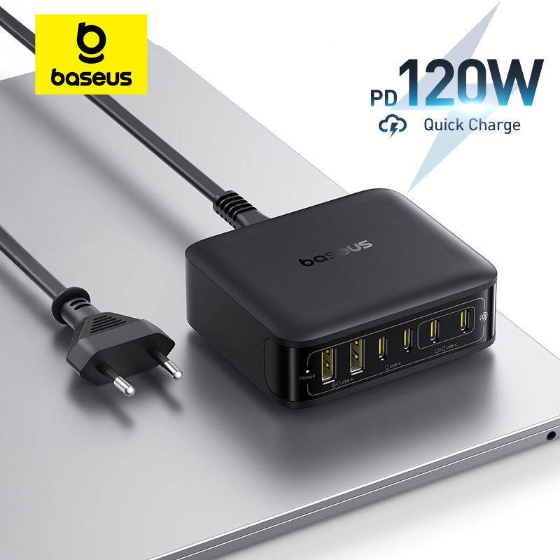 Baseus carregador de mesa 120W 6 em 1 GaN, rápido para iPhone, Samsung e iPad