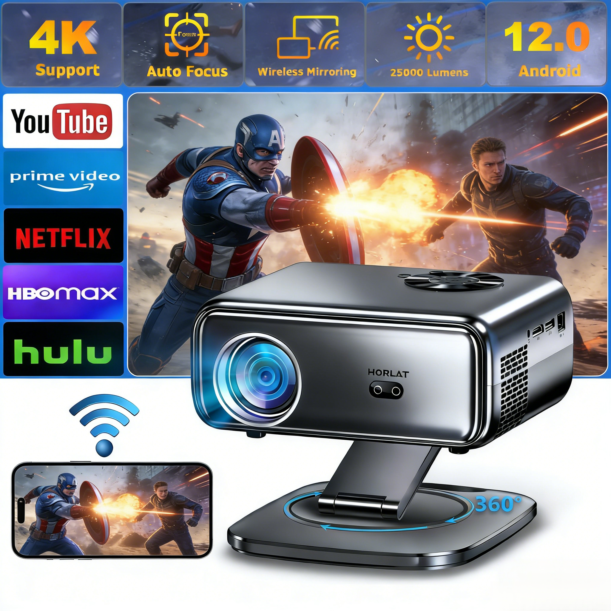 Projetor Smart Horlat 800 ANSI Full HD 1080p - Giro 360° (Projeta no Teto) + Foco Automático