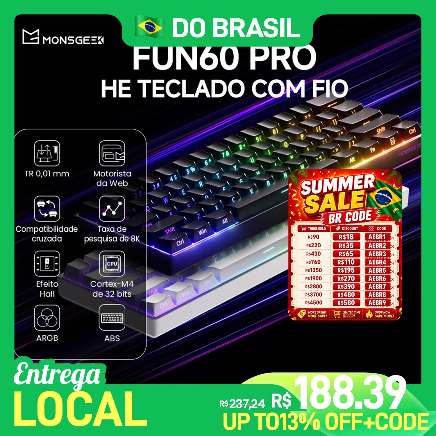 Teclado mecânico Akko monsGeek fun60 pro he magnético 60% rápido 0.01mm 8k 