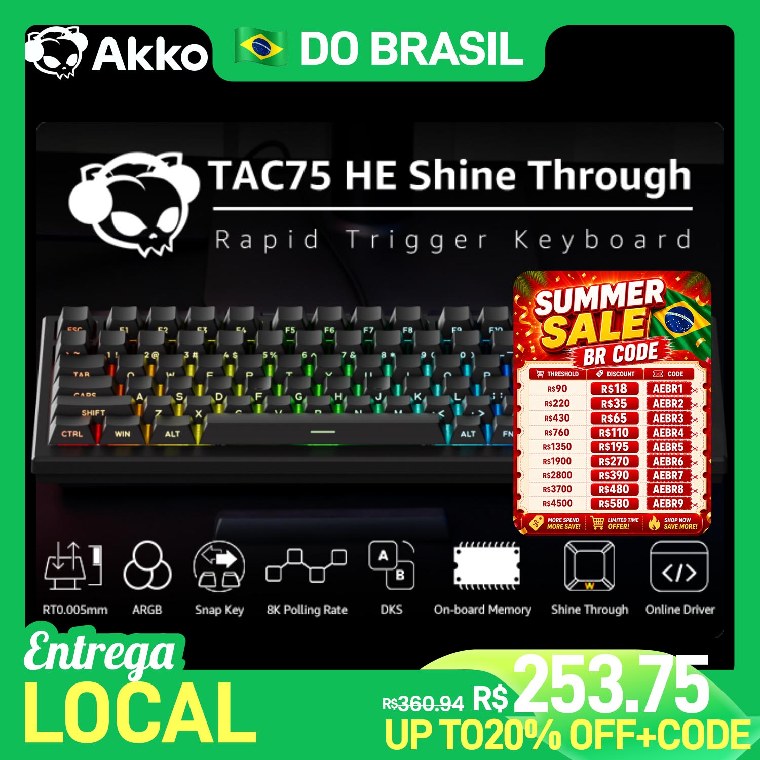 Teclado Mecânico Gamer Akko TAC75 HE com Switches Magnéticos 75% com Fio 8K RT0.005mm RGB