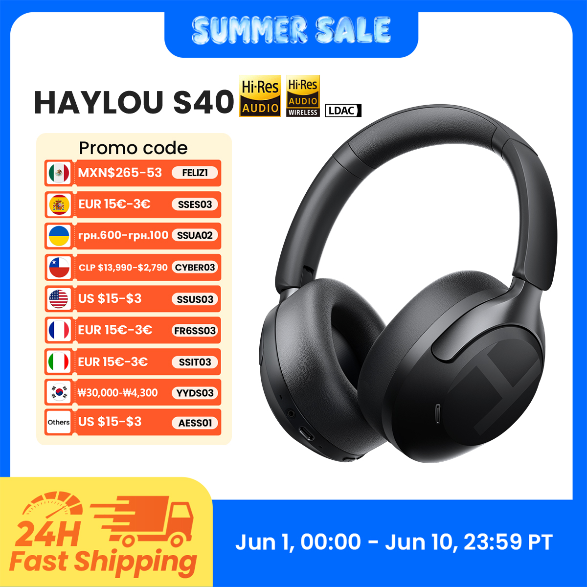[Moedas 194] Fone de Ouvido Sem Fio HAYLOU S40 com ANC, Cancelamento de Ruído, 50dB e Bluetooth 6.0