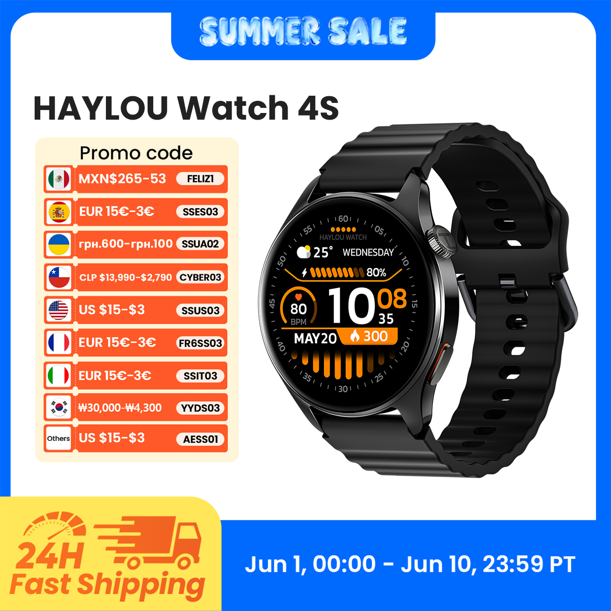[Moedas 196] Smartwatch HAYLOU Watch 4S com Tela AMOLED de 1.43", Ligações por Bluetooth, com Pulseira Extra e +120 Modos de Treino