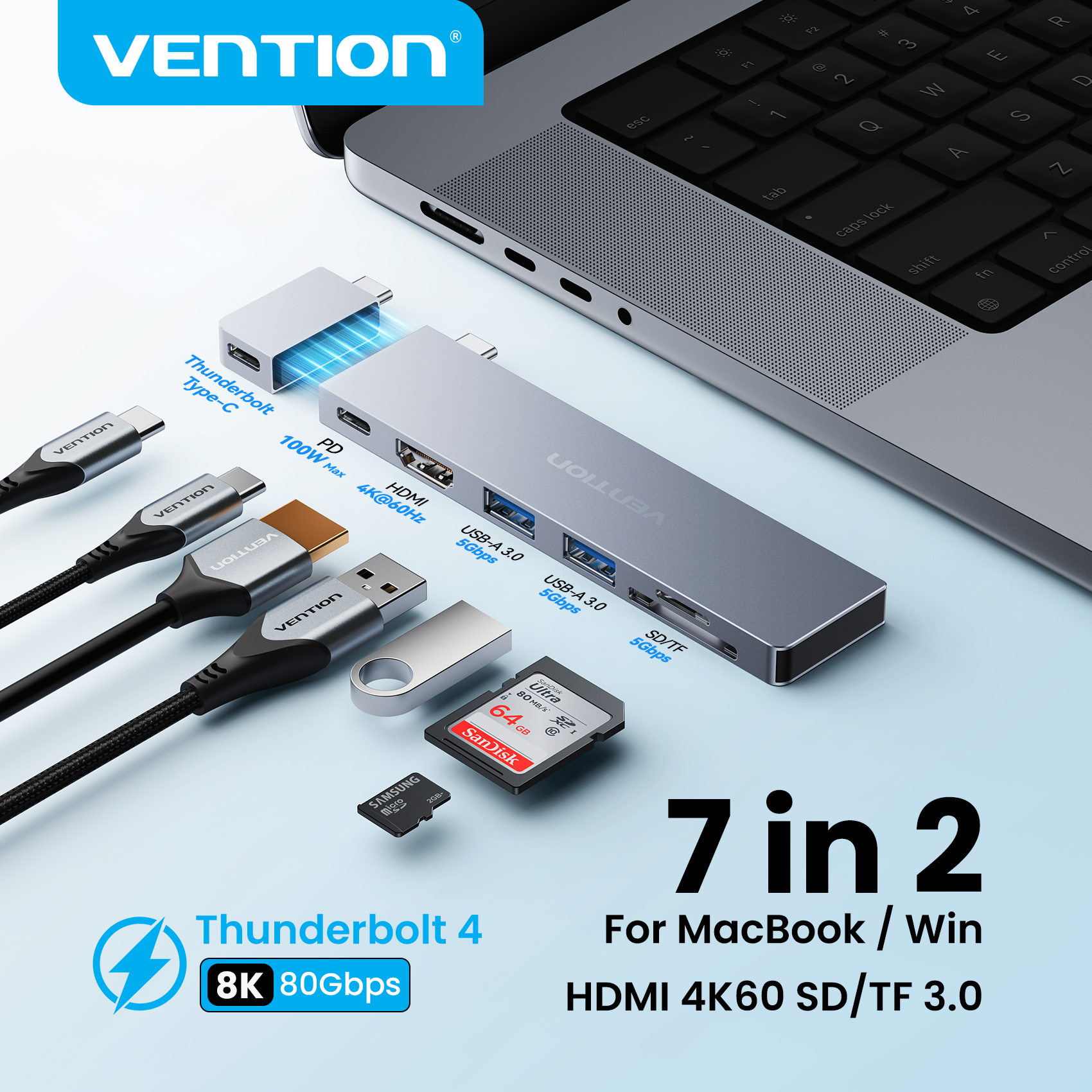 Estação Dock Hub USB-C Vention 6 em 2 Thunderbolt 4 80Gbps 8K