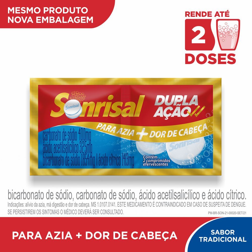 (APP) Sonrisal Tradicional Limão e Laranja Dupla Ação Antiácido e Analgésico para Alívio da Azia e Dor de Cabeça com 2 pastilhas