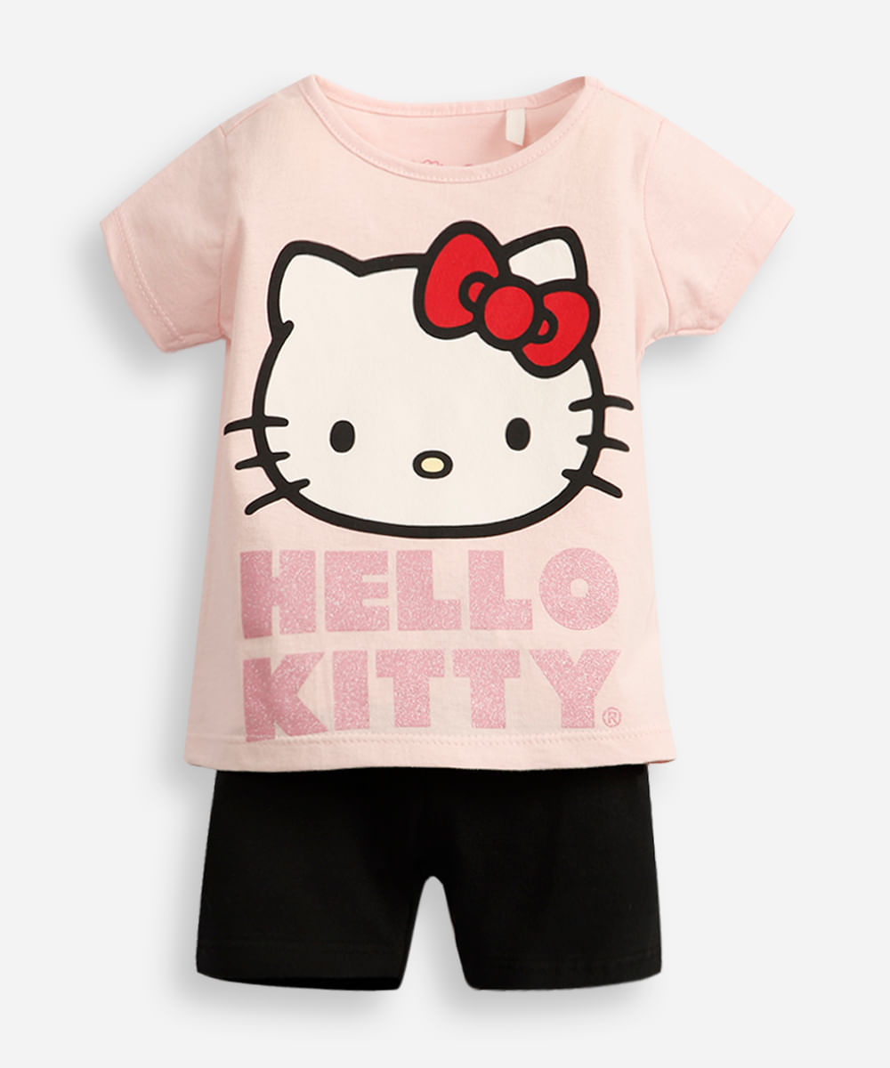 Conjunto Hello Kitty algodão com glitter rosa