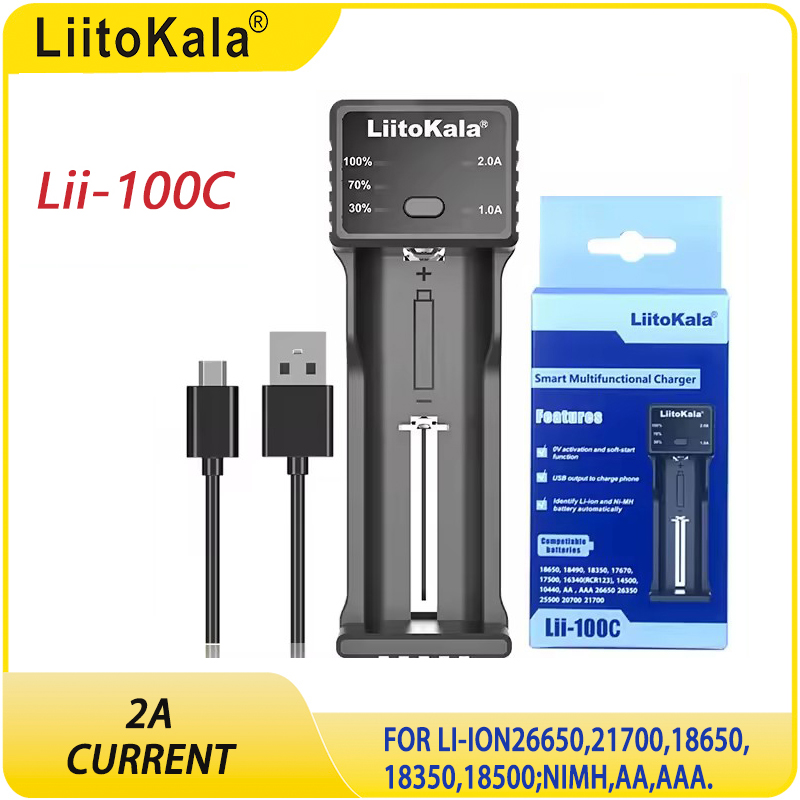 (moedas R$11) LiitoKala Lii-100C Lii-100B Carregador de bateria USB inteligente para 18650 18350 26650 16340 RCR123 14500 - 2A Ni-MH Ni-Cd 3.7V 1.2V
