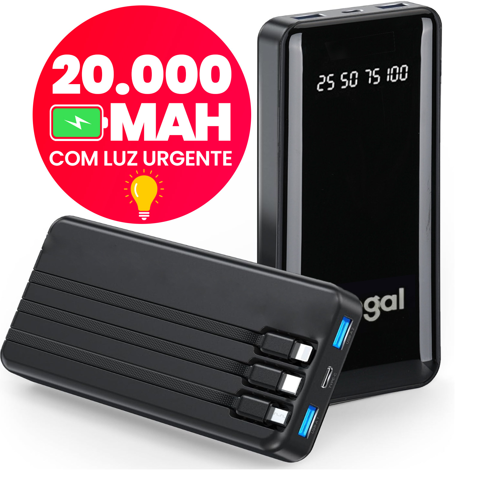 (Moedas R$18,02) Power Bank 20000mAh com Lanterna Portátil
