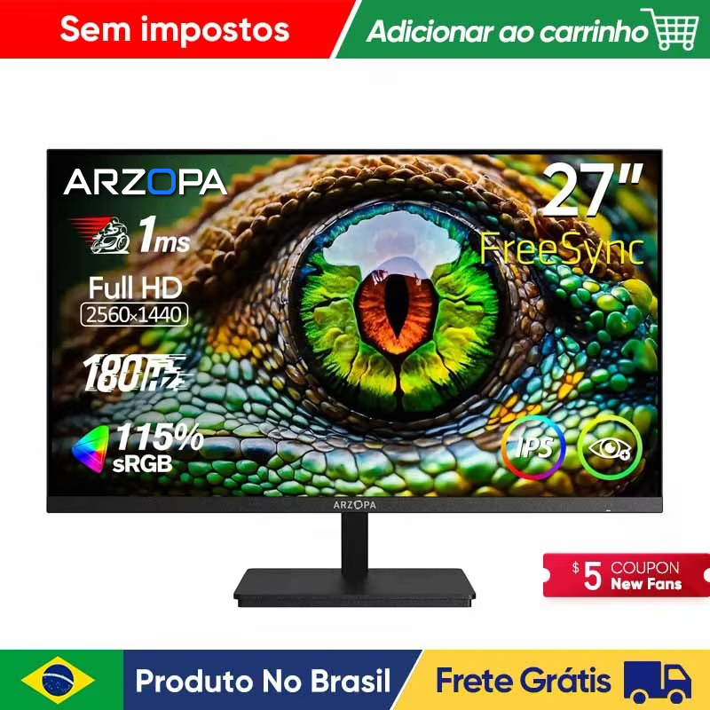 Monitor ARZOPA 27 polegadas 180Hz QHD 2560x1440 Fast IPS Type-C DeX FreeSync