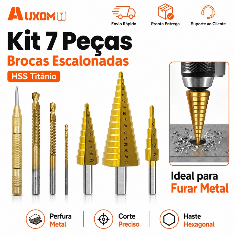 AUXOM Kit Jogo de Brocas Escalonadas HSS Revestidas de Titânio 4-12/20/32mm Para Metal Madeira Plástico