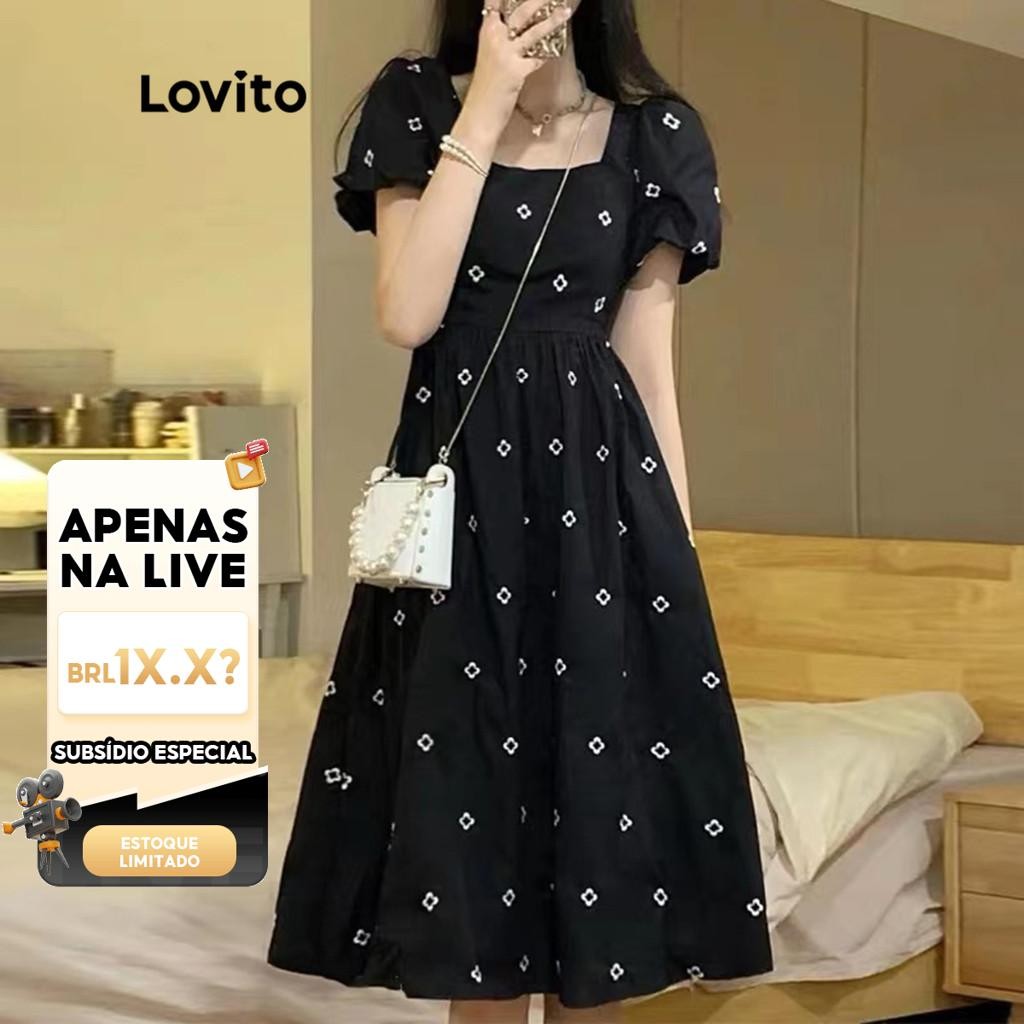 (LIVE STREAM SALE) Lovito Elegante Vestido com Mangas Bufantes Florais e Decote Quadrado para Mulheres LNA05105