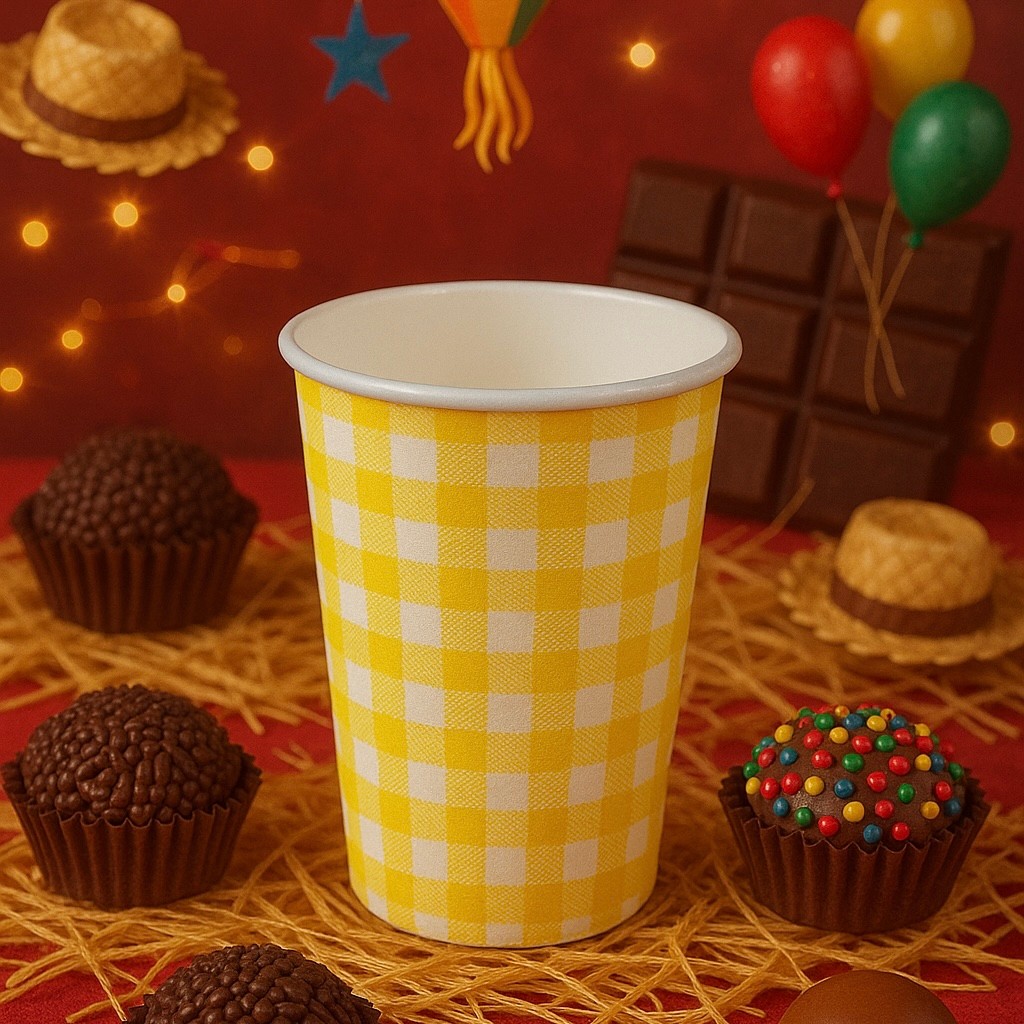 10~60 COPO FESTA JUNINA DE PAPEL XADREZ AMARELO  (SILVER) FESTA JUNINA (CHOCO)