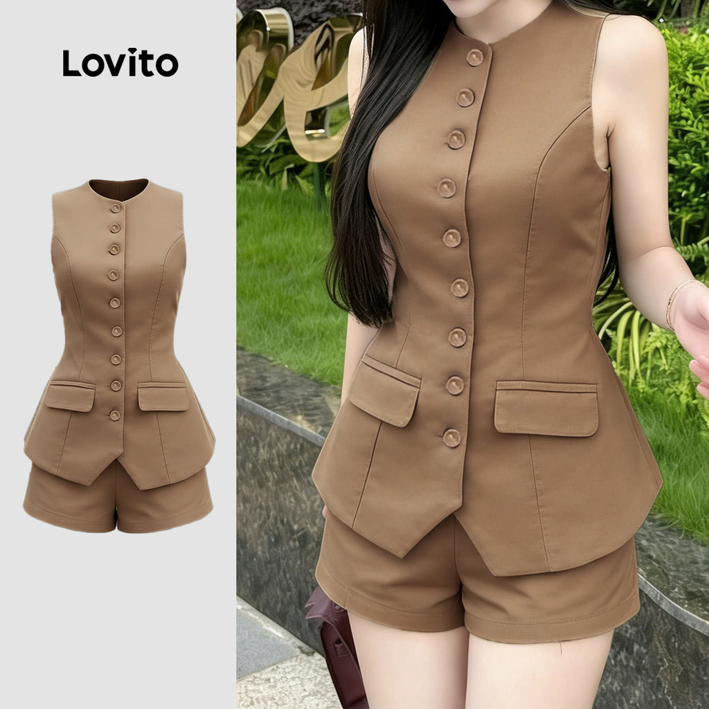 (Elegante) Lovito Tops ou Calças Frontal para O Dia a Dia Na Primavera/verão Blusa cáqui LK4ED1647