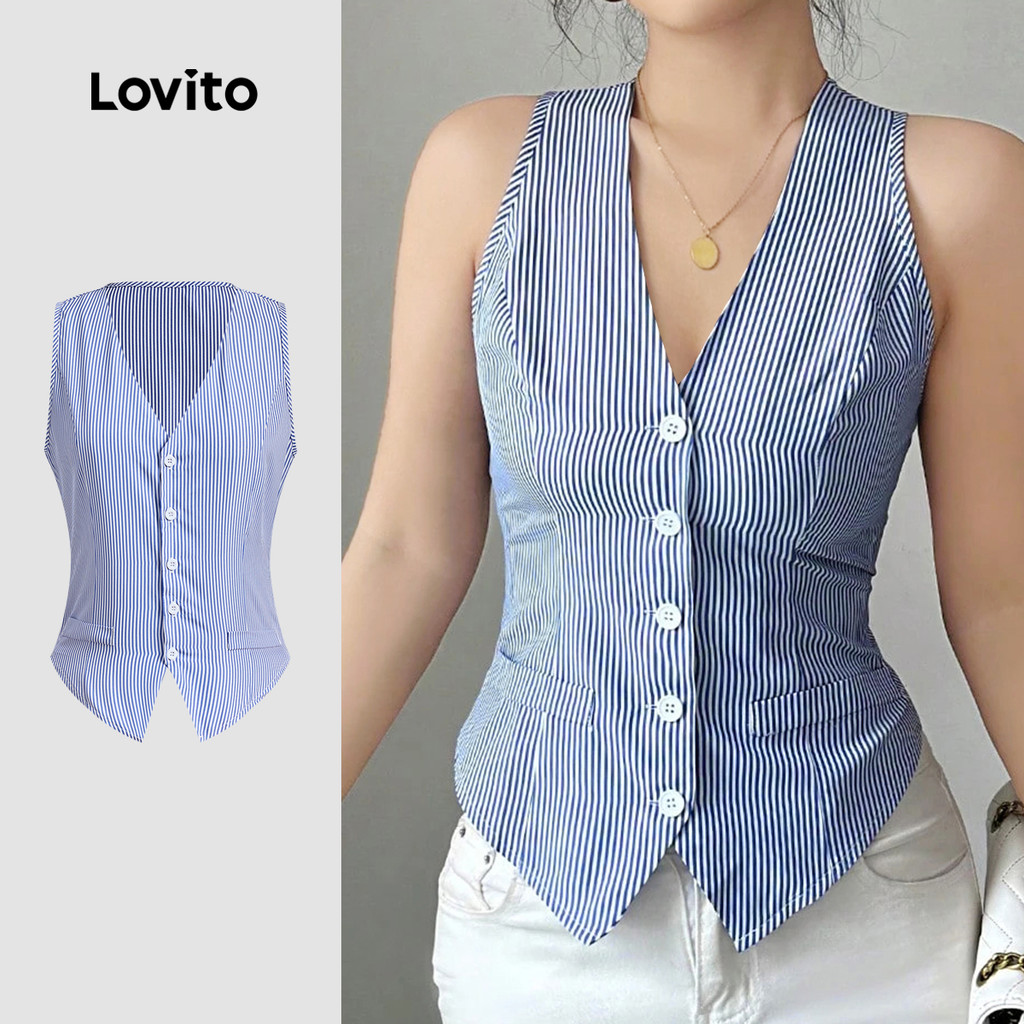 (Lovito x Ana) Elegante Blusa com Botões Frontais Azul Primavera/Verão para Mulheres LBL28236