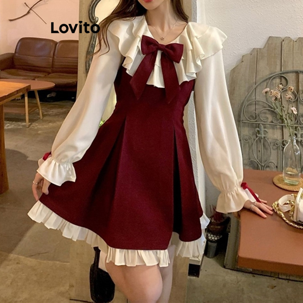 (Trendy) Lovito Vestido Fofo Patchwork Laço Babado Bainha Evasê Vestido De Festa De Natal Para Mulheres LNA43050