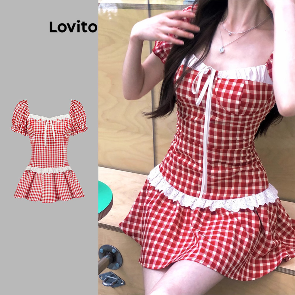 (Trendy) Lovito Vestido Xadrez Com Babados E Decote Em Laço Drapeado Vestido De Manga Bufante Para Mulheres L114AD416