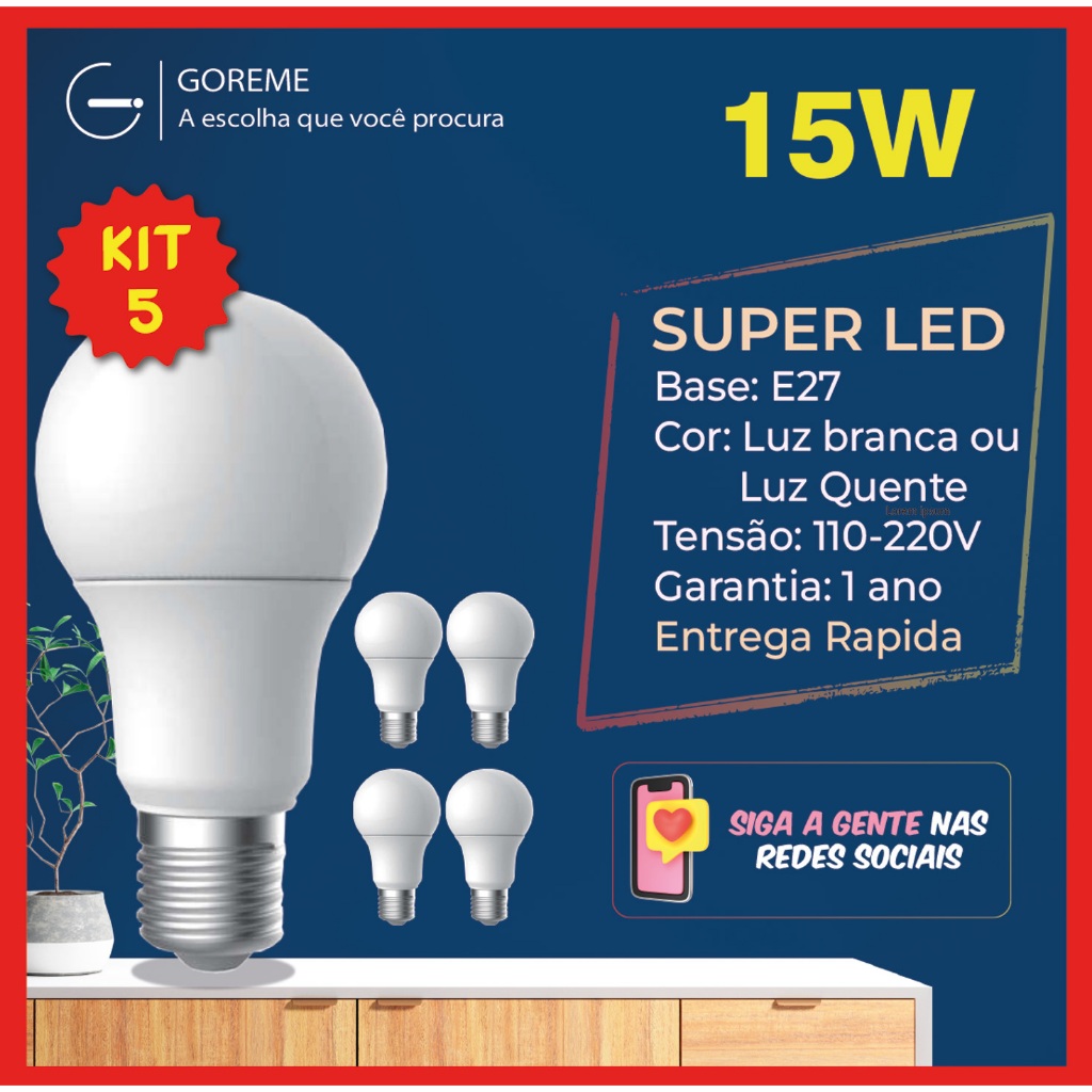 5 Lâmpada Led Bulbo 15w Branco Frio 6.500K (Luz Branca) | Branco Quente 3.200K (Luz Amarela) |  Bivolt E27